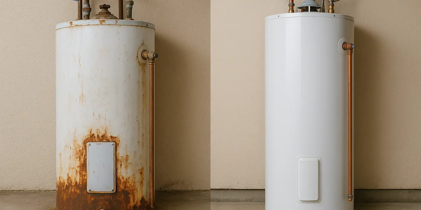 One rusted water heater next to a brand new water heater from Emergency Plumber Austin in Austin, TX - Burst Pipe Repair