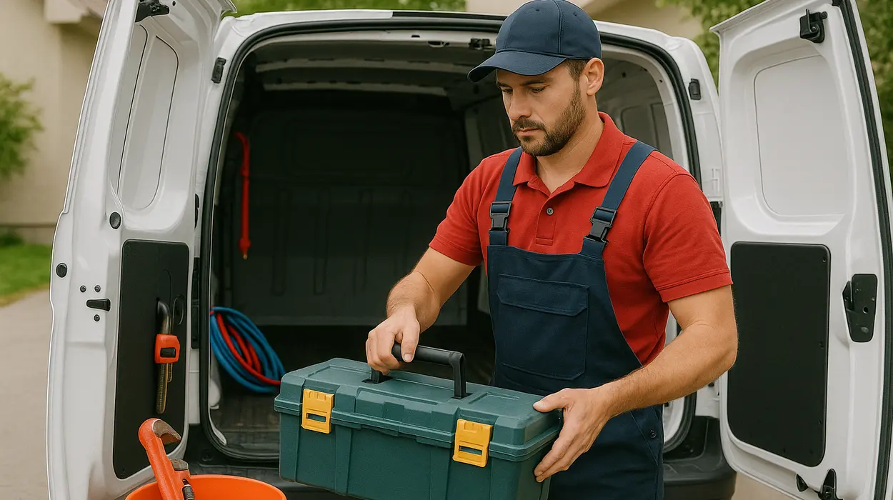 A plumbing technician putting his tool box back in his van from Emergency Plumber Austin in Austin, TX - Commercial Water Heater Installation