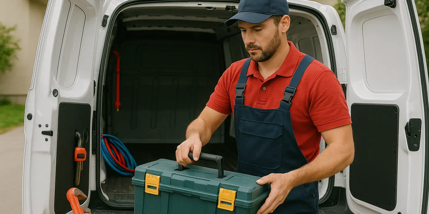 A plumbing technician putting his tool box back in his van from Emergency Plumber Austin in Austin, TX - Commercial Water Heater Installation