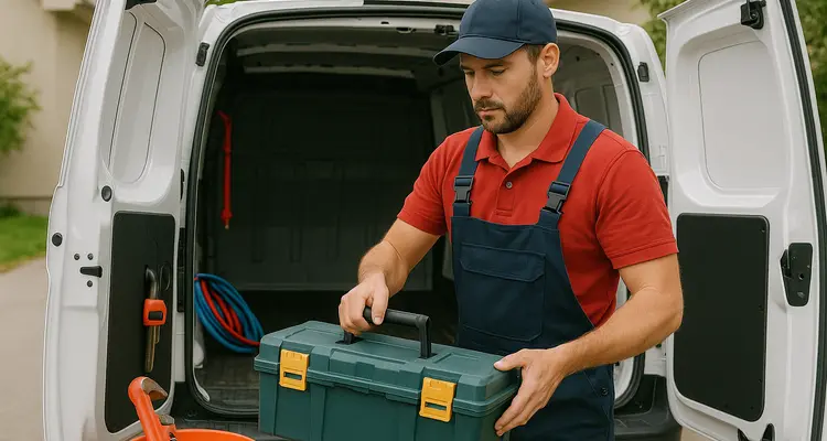 A plumbing technician putting his tool box back in his van from Emergency Plumber Austin in Austin, TX - Commercial Water Heater Installation