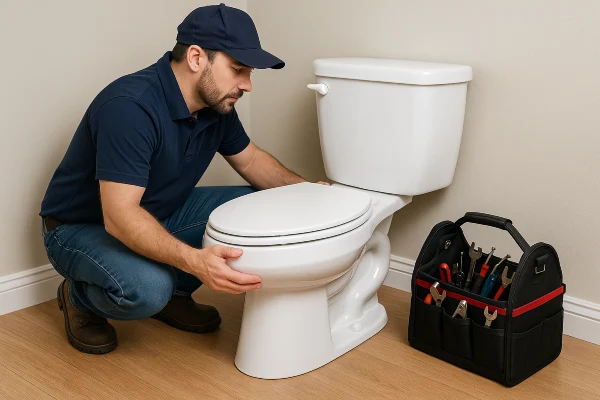 A plumber checking a toilet from Emergency Plumber Austin in Austin, TX - Commercial Water Heater Installation