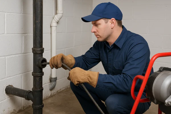 A plumber using a snake to clear a plumbing pipe from Emergency Plumber Austin in Austin, TX - Commercial Water Heater Installation