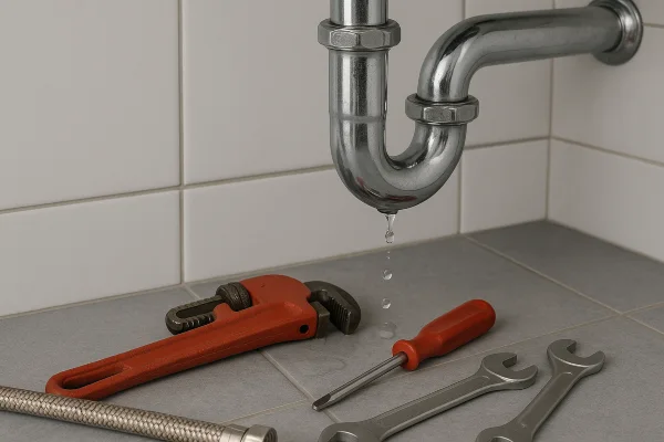 A sink water leak and plumbing tools on the floor from Emergency Plumber Austin in Austin, TX - Residential Plumbing Services