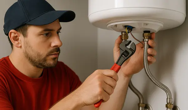 a male plumbing technician tightening a water heater connection a male plumbing technician tightening a water heater connection