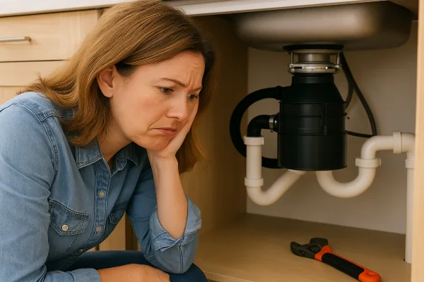 a sad woman looking at a broken garbage disposal a sad woman looking at a broken garbage disposal