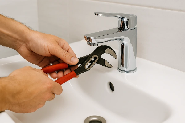 a technician fixing a bathroom faucet a technician fixing a bathroom faucet