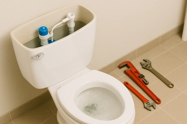 a toilet with some plumbing tools lying next to it on the floor a toilet with some plumbing tools lying next to it on the floor