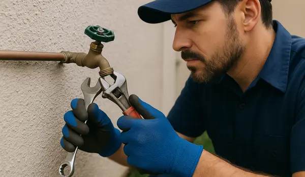 a male plumber fixing an outdoor faucet a male plumber fixing an outdoor faucet