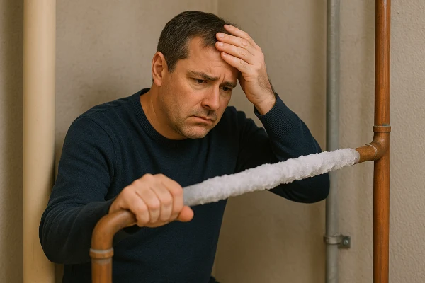 a worried plumber looking at a frozen pipe