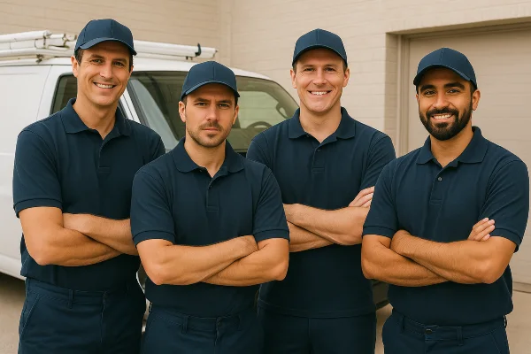 4 plumbing technicians posing for the camera