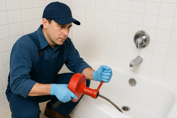 a plumber running a snake to clear a bathtub drain