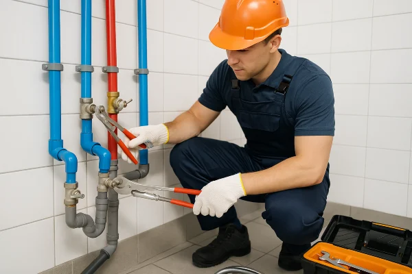 a plumber working on commercial pipe connections