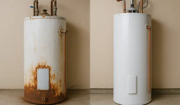 a rusted water heater next to a brand new water heater a rusted water heater next to a brand new water heater