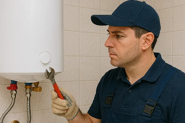 a male plumber working on a water heater mounted on the wall