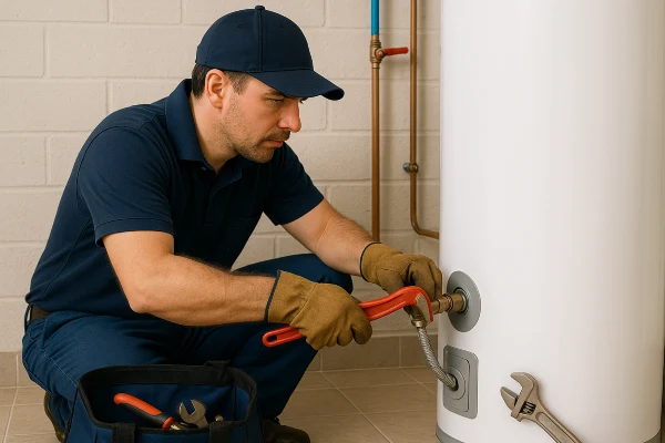 a male plumber working on a water heater connection a male plumber working on a water heater connection