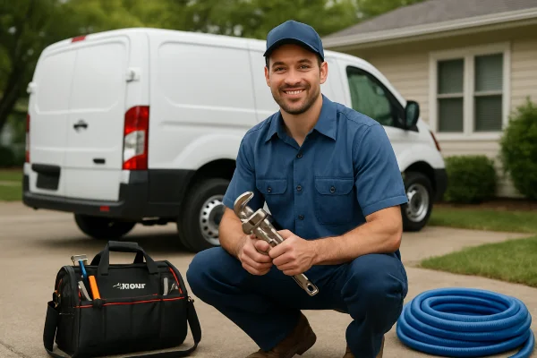 a male plumber smiling and posing for the camera a male plumber smiling and posing for the camera