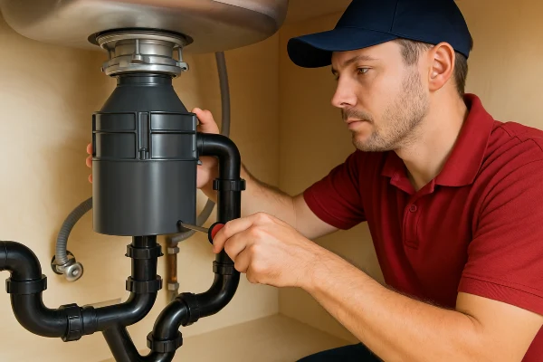 a male plumber using a screwdriver to fix a garbage disposal