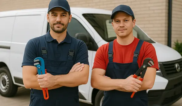 2 male plumbers looking at the camera 2 male plumbers looking at the camera