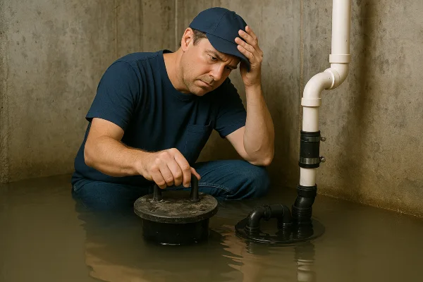 a worried plumber in a flooded room a worried plumber in a flooded room