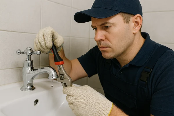 a plumbing technician using a tool to fix a water faucet a plumbing technician using a tool to fix a water faucet