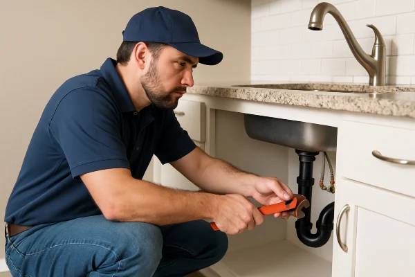 a male plumber checking a kitchen sink pipe connection a male plumber checking a kitchen sink pipe connection